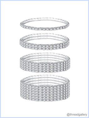 4 Pc Simulated Diamond Stretch Bracelet Set Silver Tone Women